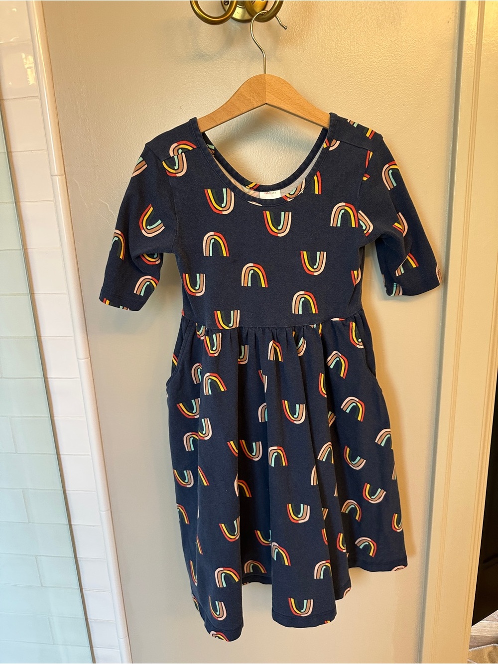 Hanna Andersson Navy Knit Dress with Rainbow Print